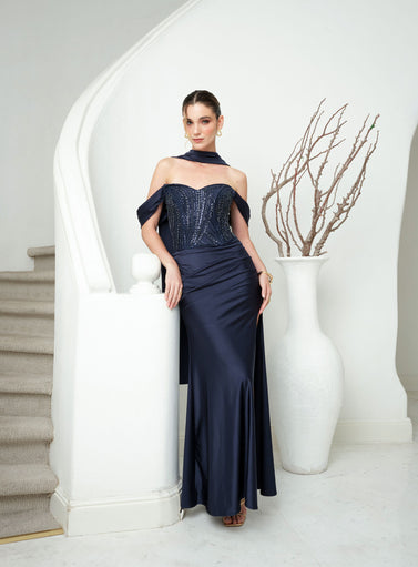 Vestido elegante de fiesta largo con pedreria Pilar azul noche