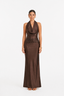 VESTIDO ELEGANTE DE FIESTA LARGO ESCOTE HALTER GINA CHOCOLATE