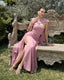 VESTIDO ELEGANTE LARGO CORSET CON ABERTURA ATENEA PALO ROSA